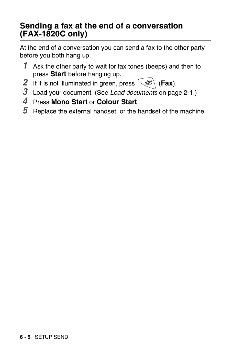 Sending a fax at the end of a conversation, Fax-1820c only) -5 | Brother FAX-1820C User Manual | Page 76 / 174