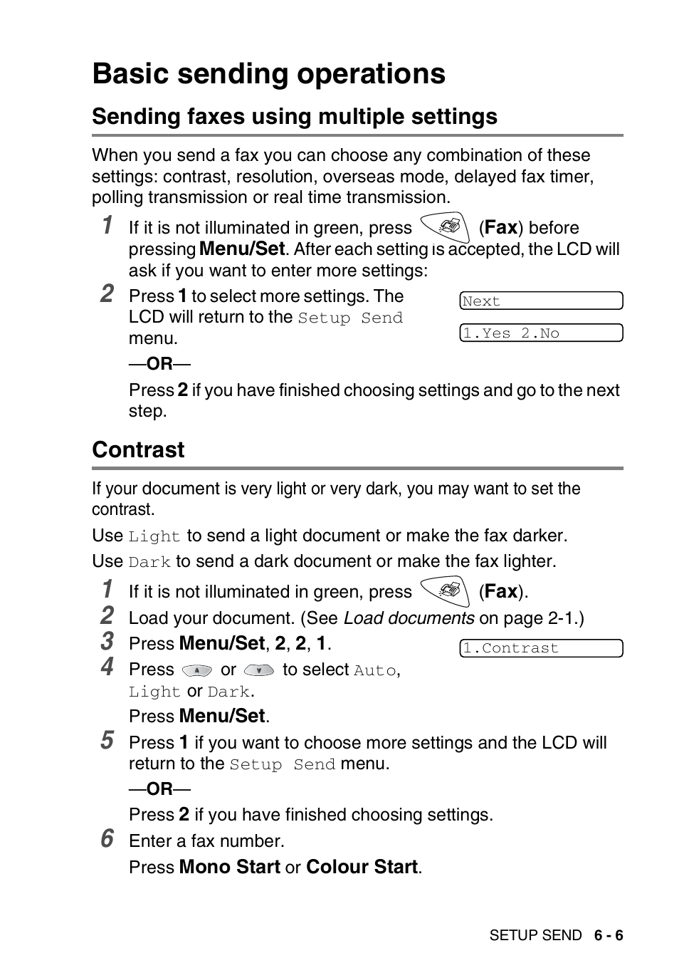 Basic sending operations, Sending faxes using multiple settings, Contrast | Basic sending operations -6 | Brother FAX-1820C User Manual | Page 77 / 174