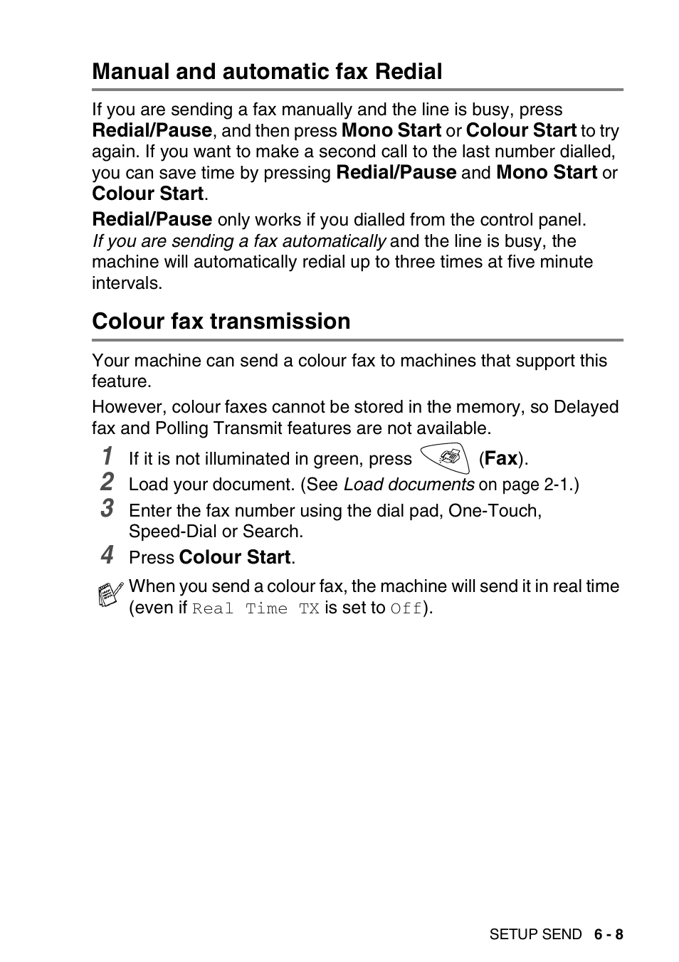 Manual and automatic fax redial, Colour fax transmission | Brother FAX-1820C User Manual | Page 79 / 174