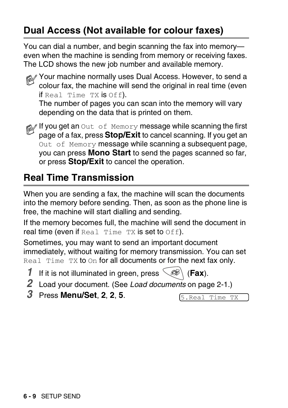 Dual access (not available for colour faxes), Real time transmission | Brother FAX-1820C User Manual | Page 80 / 174