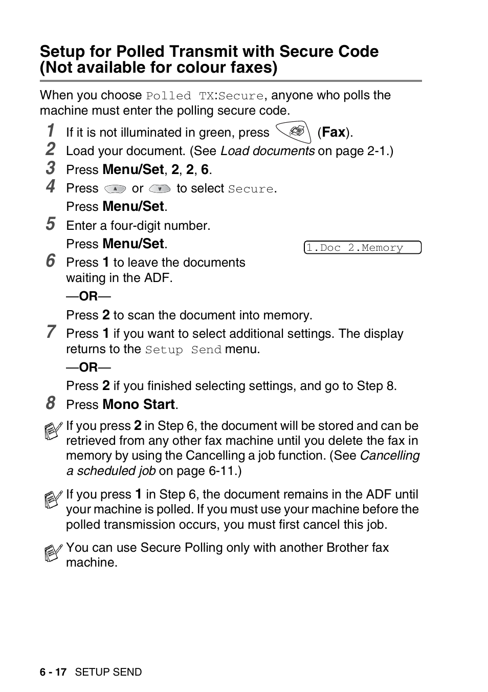 Setup for polled transmit with secure code, Not available for colour faxes) -17 | Brother FAX-1820C User Manual | Page 88 / 174