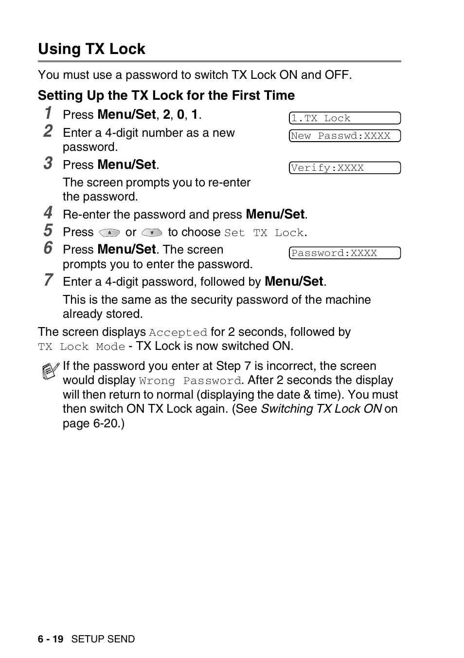 Using tx lock, Setting up the tx lock for the first time, Using tx lock -19 | Setting up the tx lock for the first time -19 | Brother FAX-1820C User Manual | Page 90 / 174