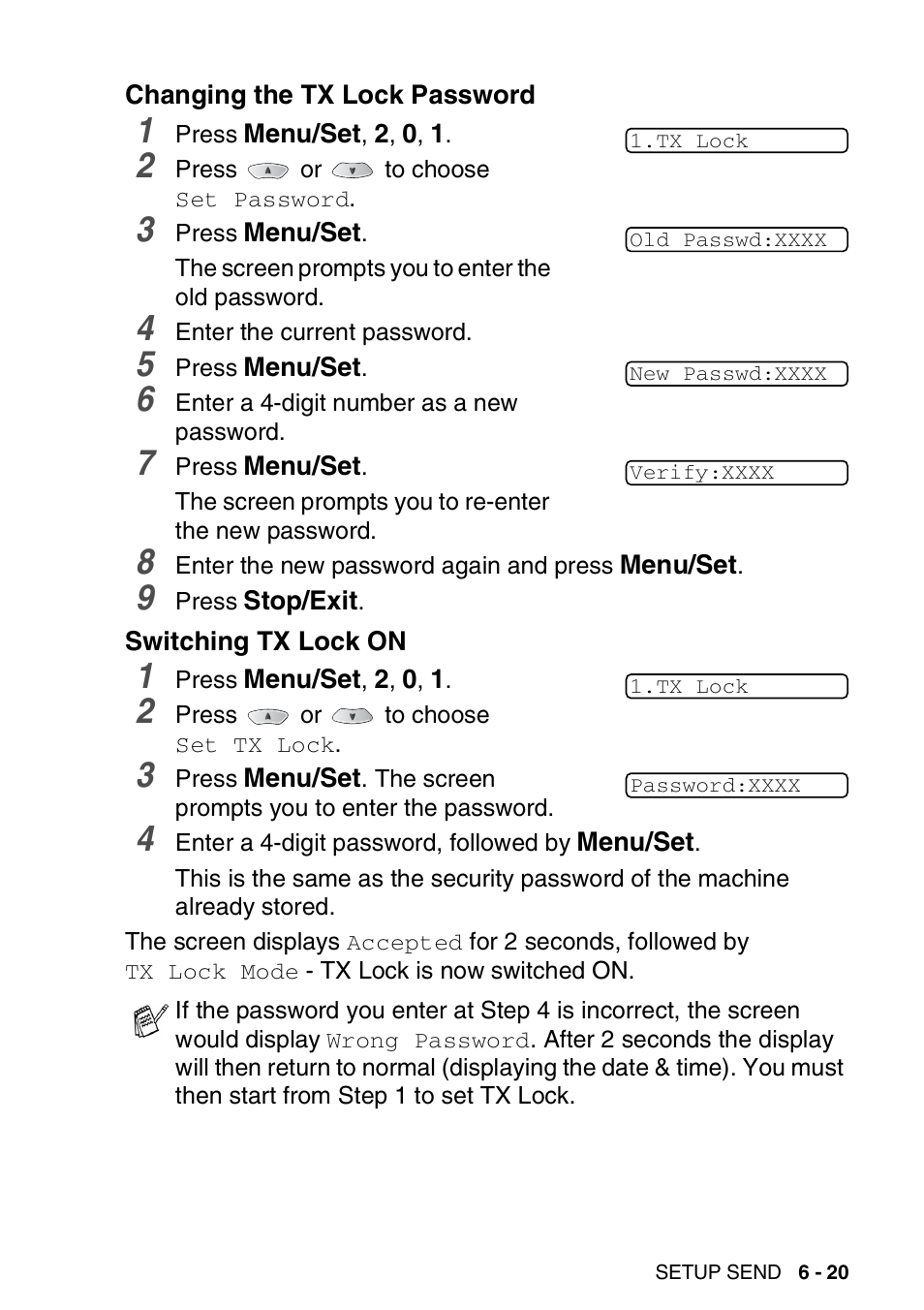 Changing the tx lock password, Switching tx lock on | Brother FAX-1820C User Manual | Page 91 / 174