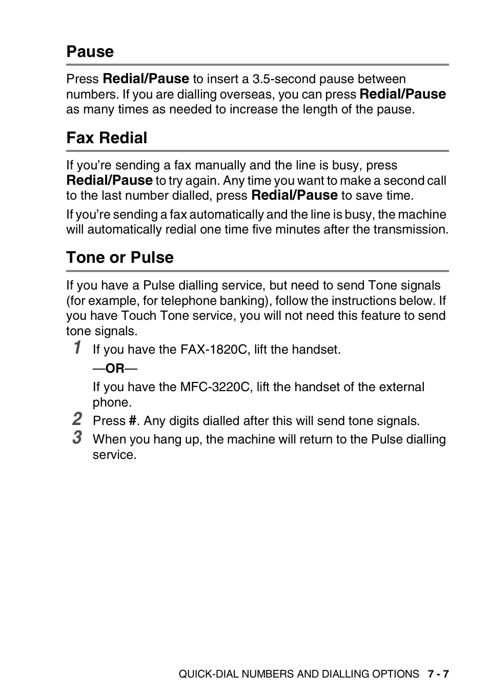 Pause, Fax redial, Tone or pulse | Pause -7 fax redial -7 tone or pulse -7 | Brother FAX-1820C User Manual | Page 99 / 174