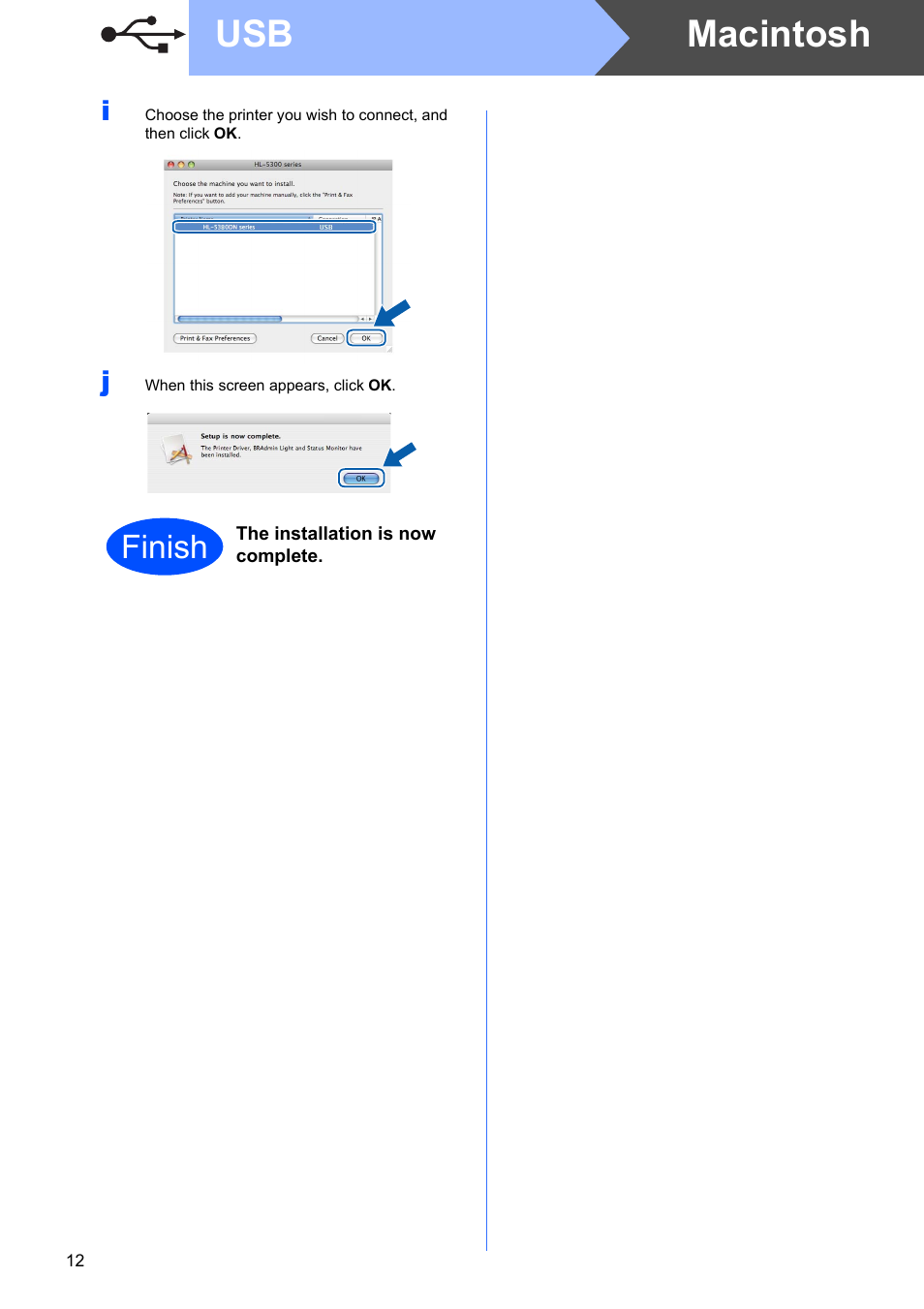 Macintosh usb, Finish | Brother HL-53 User Manual | Page 12 / 34
