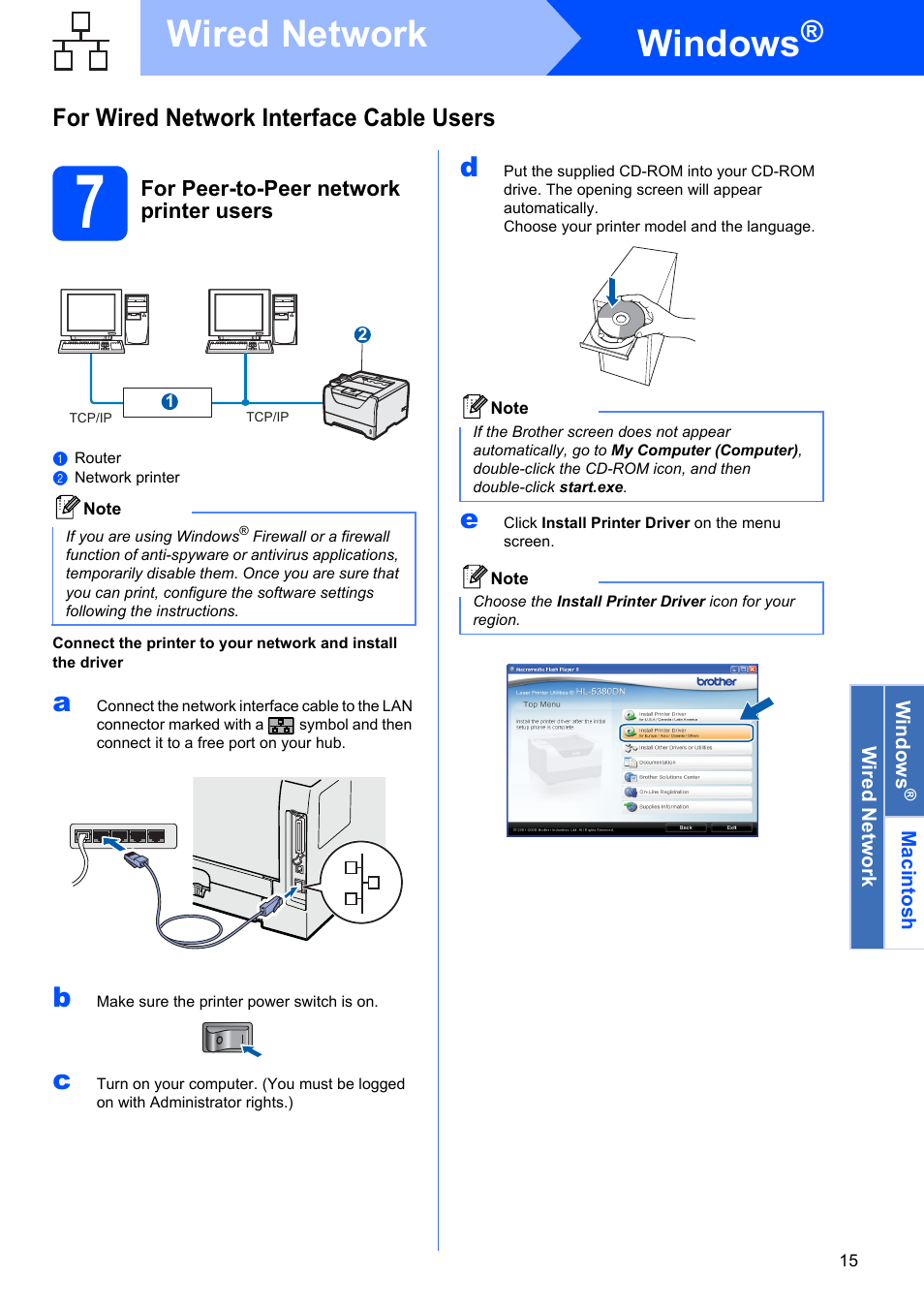 7 for peer-to-peer network printer users, Windows, Wired network | For wired network interface cable users | Brother HL-53 User Manual | Page 15 / 34
