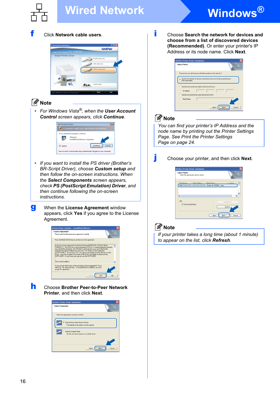 Windows, Wired network | Brother HL-53 User Manual | Page 16 / 34
