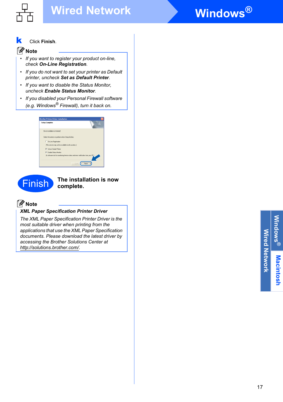 Windows, Wired network, Finish | Brother HL-53 User Manual | Page 17 / 34