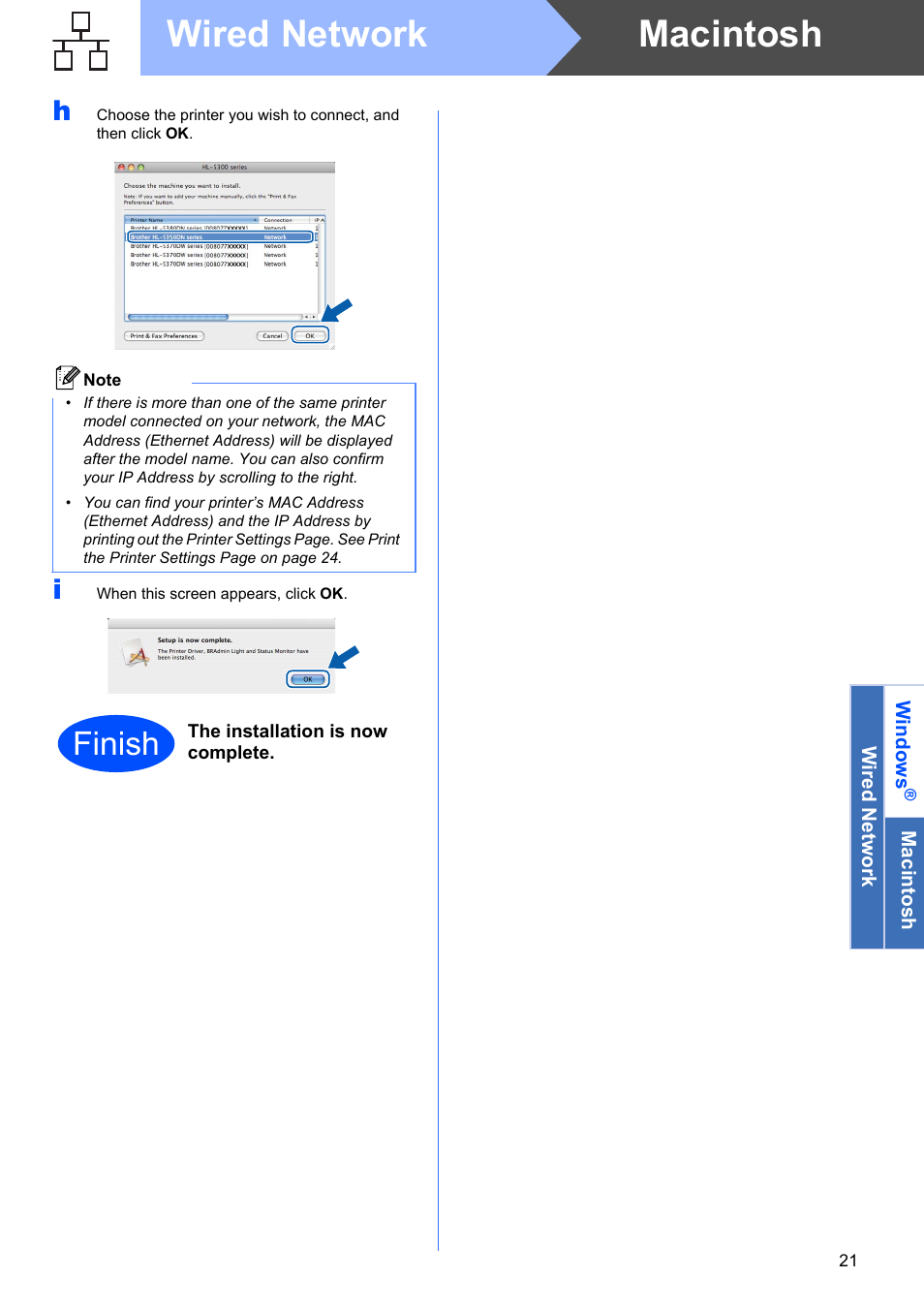 Macintosh wired network, Finish | Brother HL-53 User Manual | Page 21 / 34