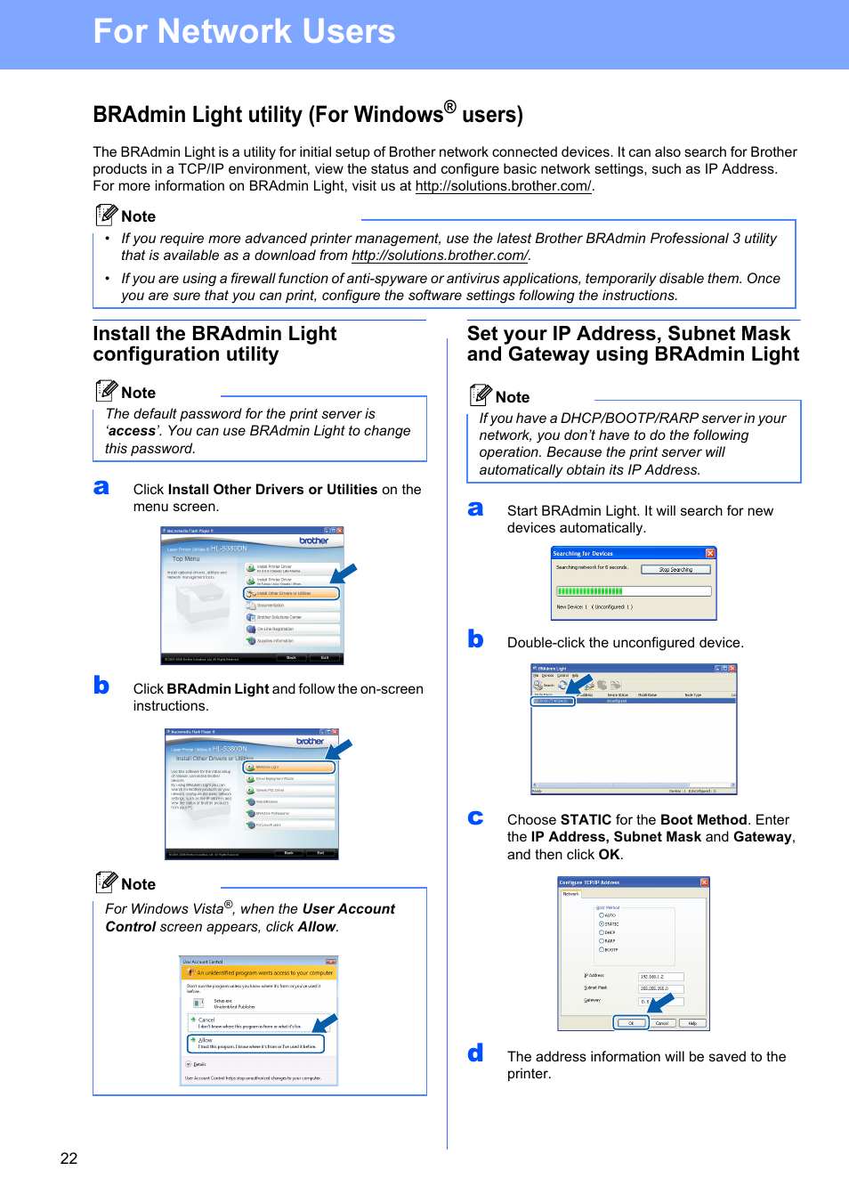 For network users, Bradmin light utility (for windows® users), Install the bradmin light configuration utility | Bradmin light utility (for windows, Users) | Brother HL-53 User Manual | Page 22 / 34
