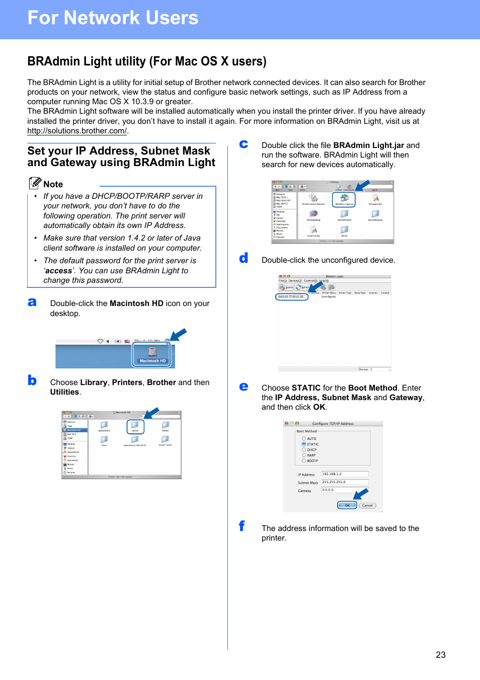 Bradmin light utility (for mac os x users), For network users | Brother HL-53 User Manual | Page 23 / 34