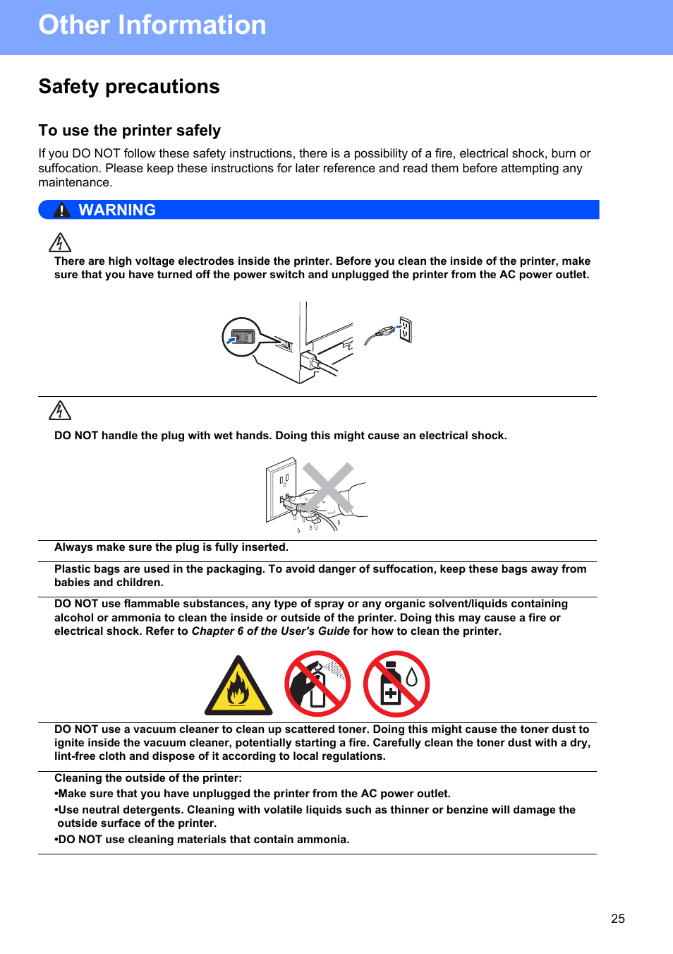 Other information, Safety precautions, To use the printer safely | Warning | Brother HL-53 User Manual | Page 25 / 34