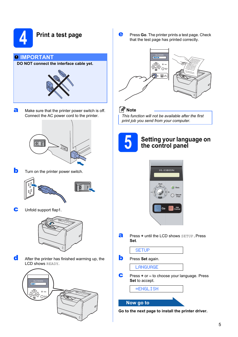 5 setting your language on the control panel | Brother HL-53 User Manual | Page 5 / 34