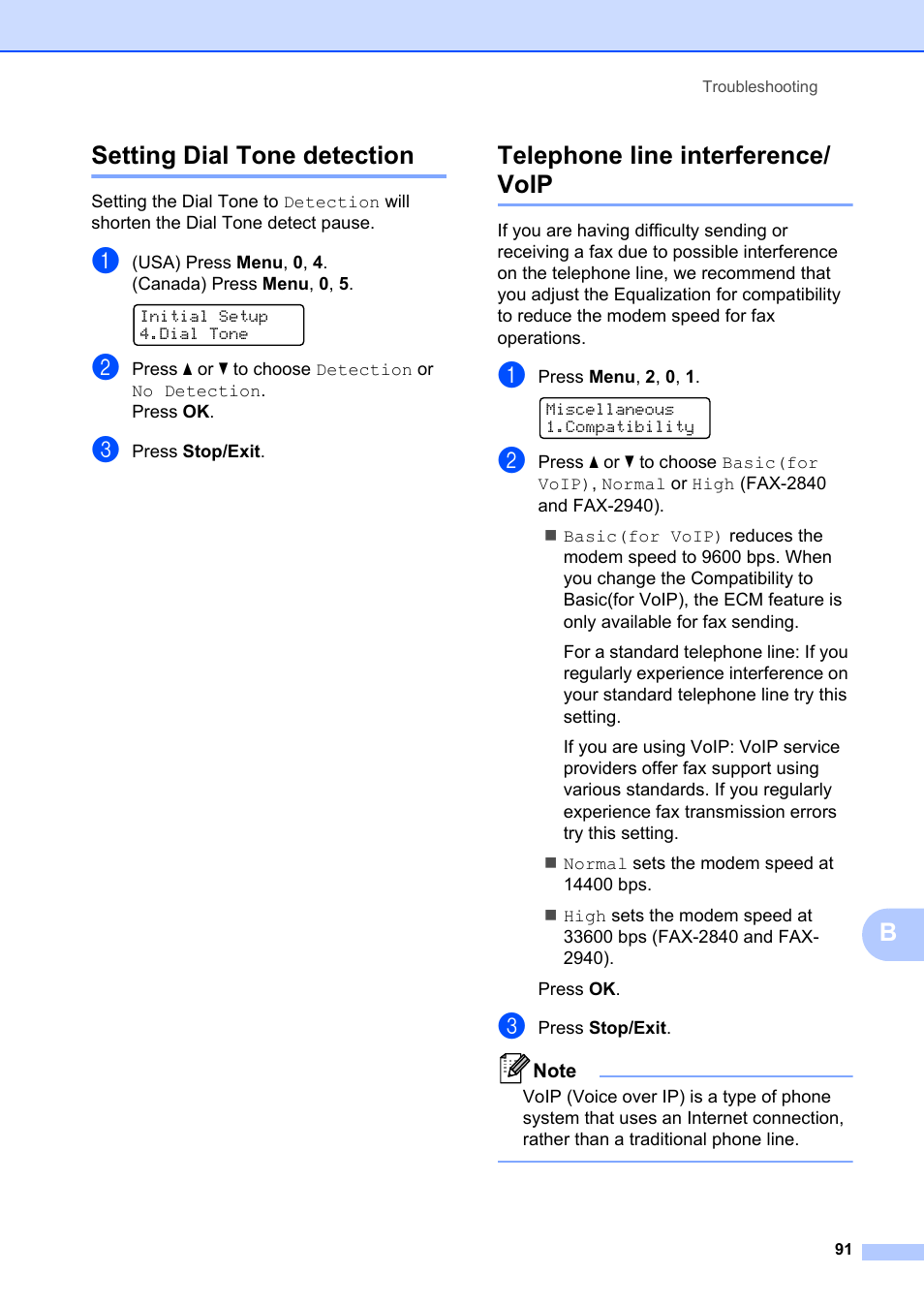 Setting dial tone detection, Telephone line interference/ voip, Bsetting dial tone detection | Brother FAX-2840 User Manual | Page 103 / 140