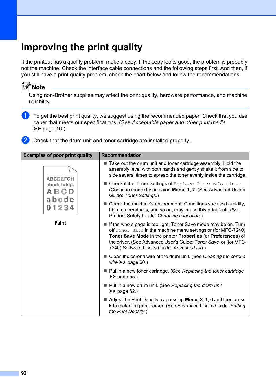 Improving the print quality | Brother FAX-2840 User Manual | Page 104 / 140