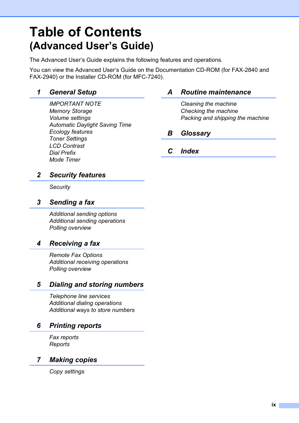 Brother FAX-2840 User Manual | Page 11 / 140