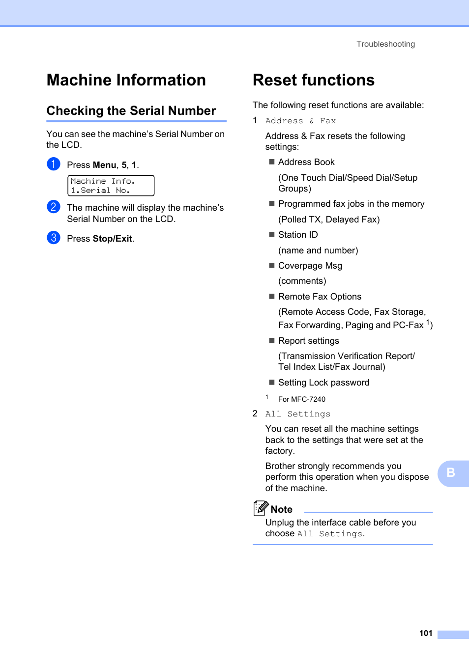 Machine information, Checking the serial number, Reset functions | Brother FAX-2840 User Manual | Page 113 / 140