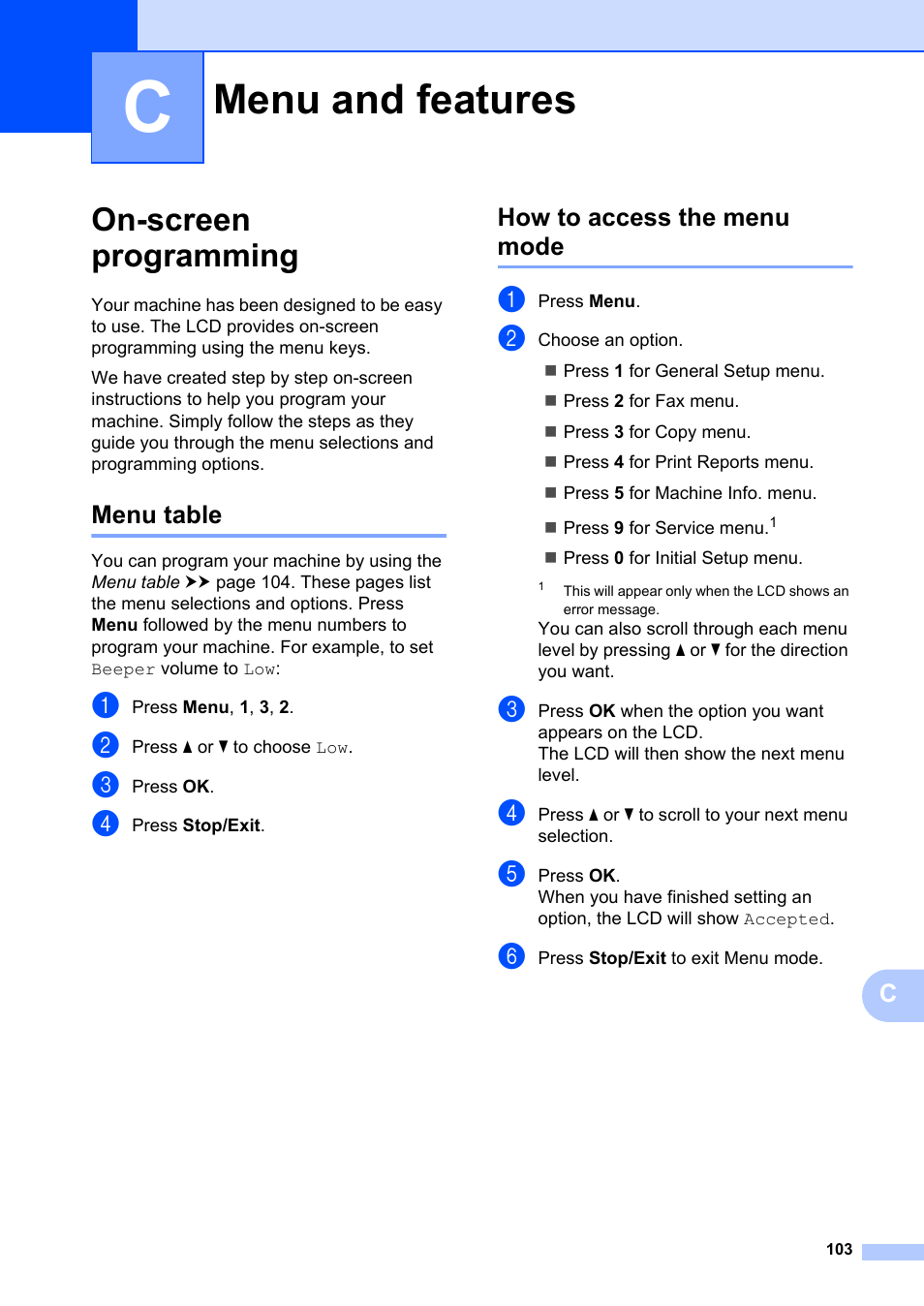 C menu and features, On-screen programming, Menu table | How to access the menu mode, Menu and features, Menu table how to access the menu mode | Brother FAX-2840 User Manual | Page 115 / 140