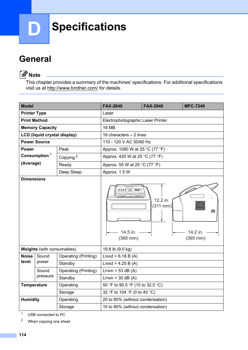 D specifications, General, Specifications | Brother FAX-2840 User Manual | Page 126 / 140