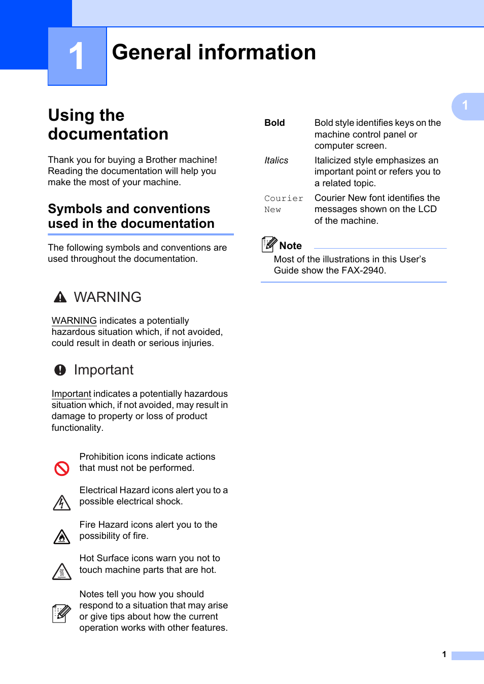 1 general information, Using the documentation, Symbols and conventions used in the documentation | General information, Warning important | Brother FAX-2840 User Manual | Page 13 / 140