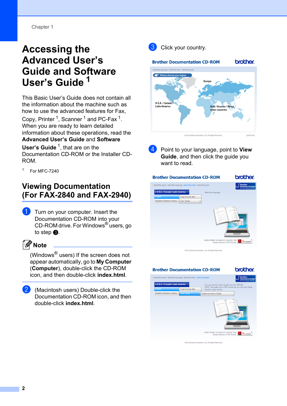 Viewing documentation (for fax-2840 and fax-2940), Viewing documentation, For fax-2840 and fax-2940) | Brother FAX-2840 User Manual | Page 14 / 140