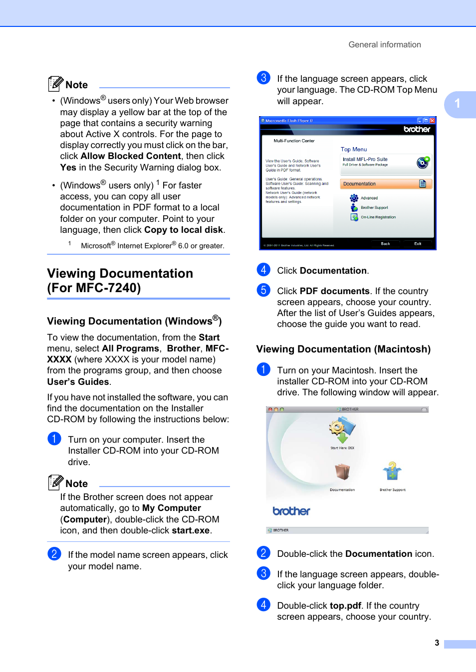 Viewing documentation (for mfc-7240), Viewing documentation (windows®), Viewing documentation (macintosh) | Viewing documentation, For mfc-7240) | Brother FAX-2840 User Manual | Page 15 / 140