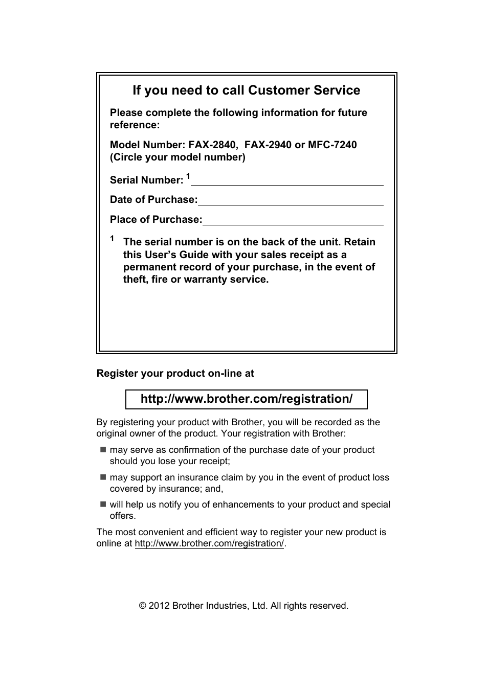 If you need to call customer service | Brother FAX-2840 User Manual | Page 2 / 140