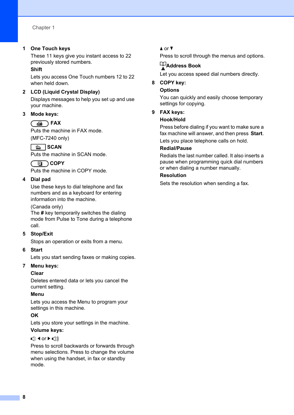 Brother FAX-2840 User Manual | Page 20 / 140