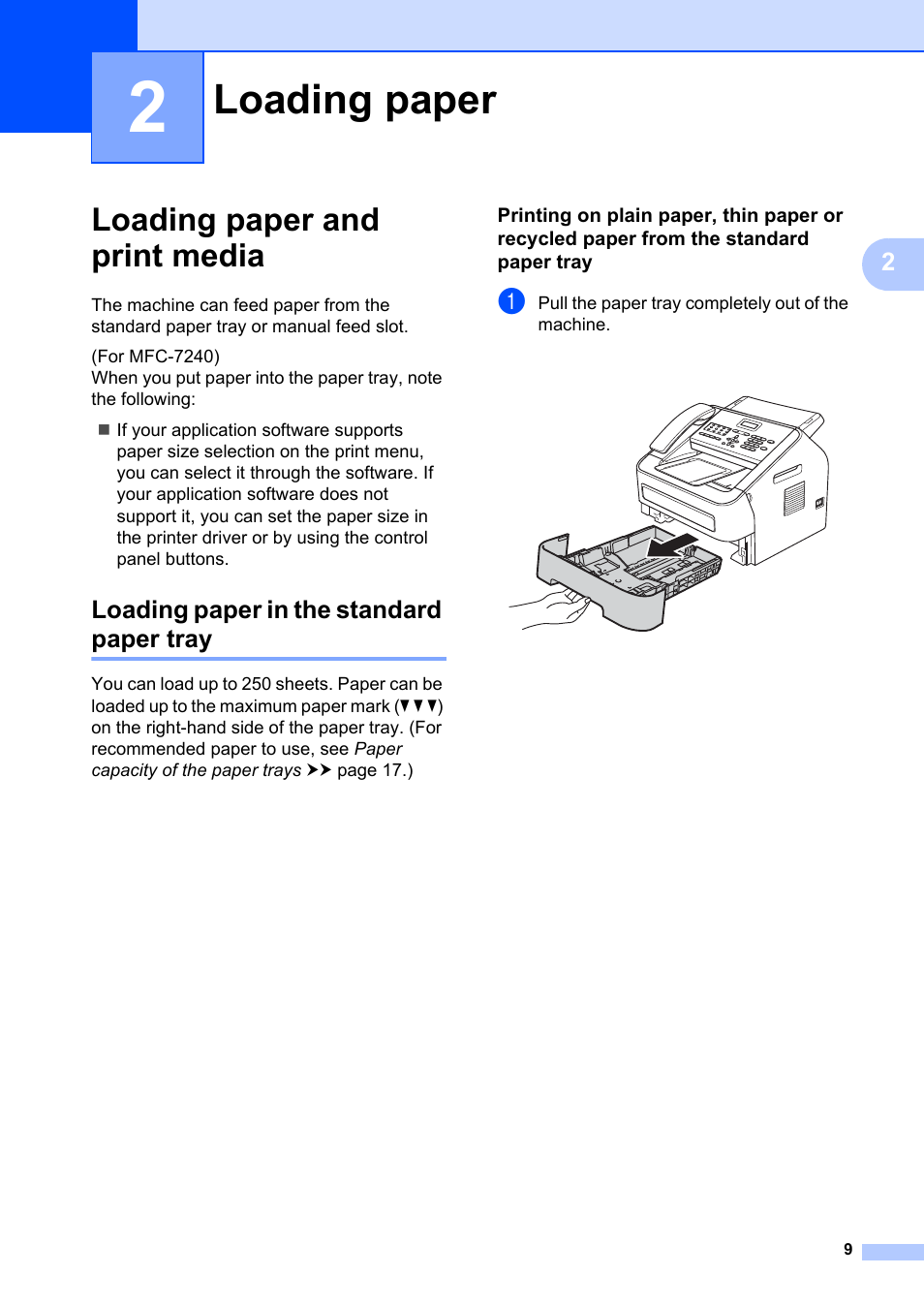 2 loading paper, Loading paper and print media, Loading paper in the standard paper tray | Loading paper | Brother FAX-2840 User Manual | Page 21 / 140