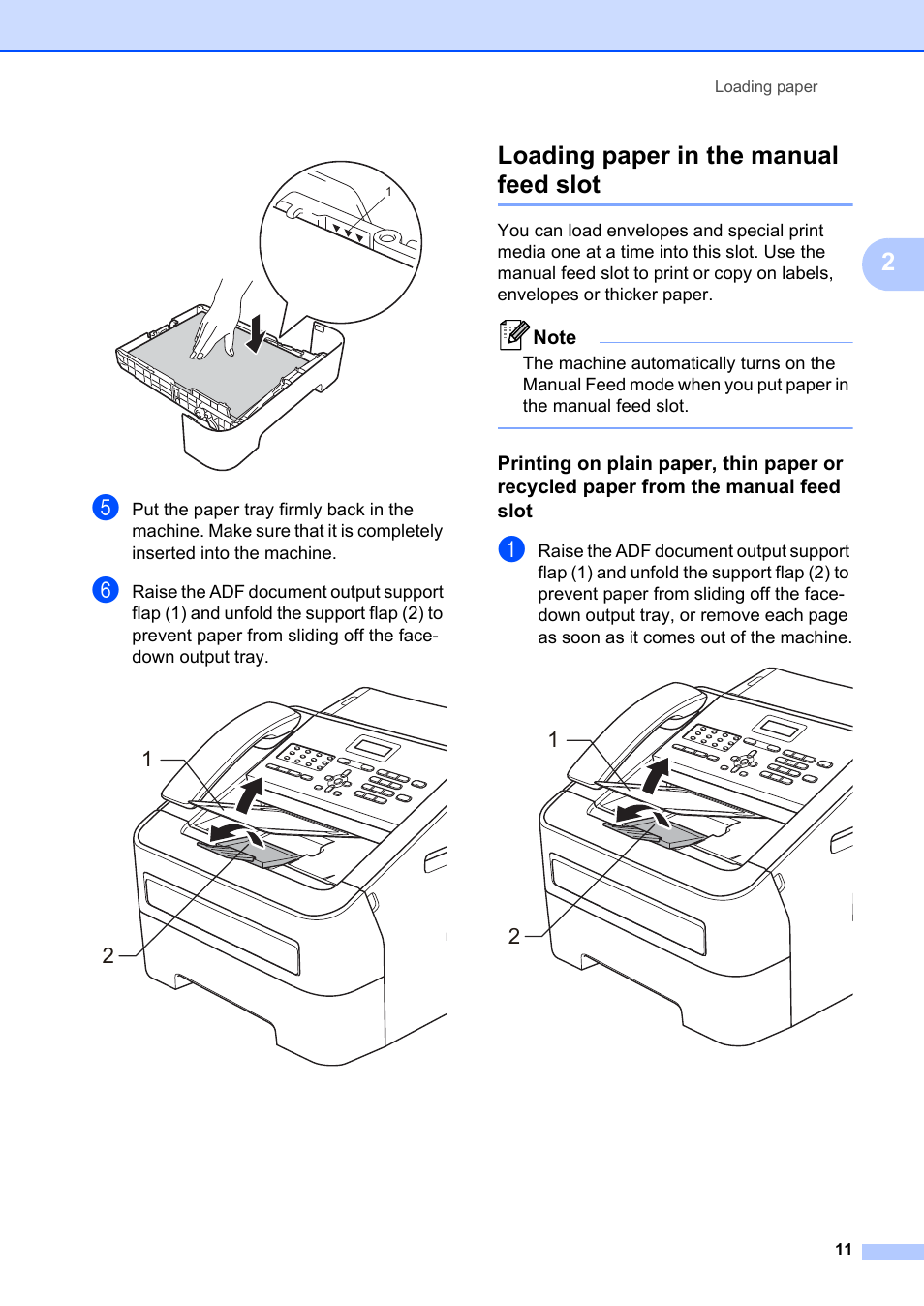 Loading paper in the manual feed slot | Brother FAX-2840 User Manual | Page 23 / 140