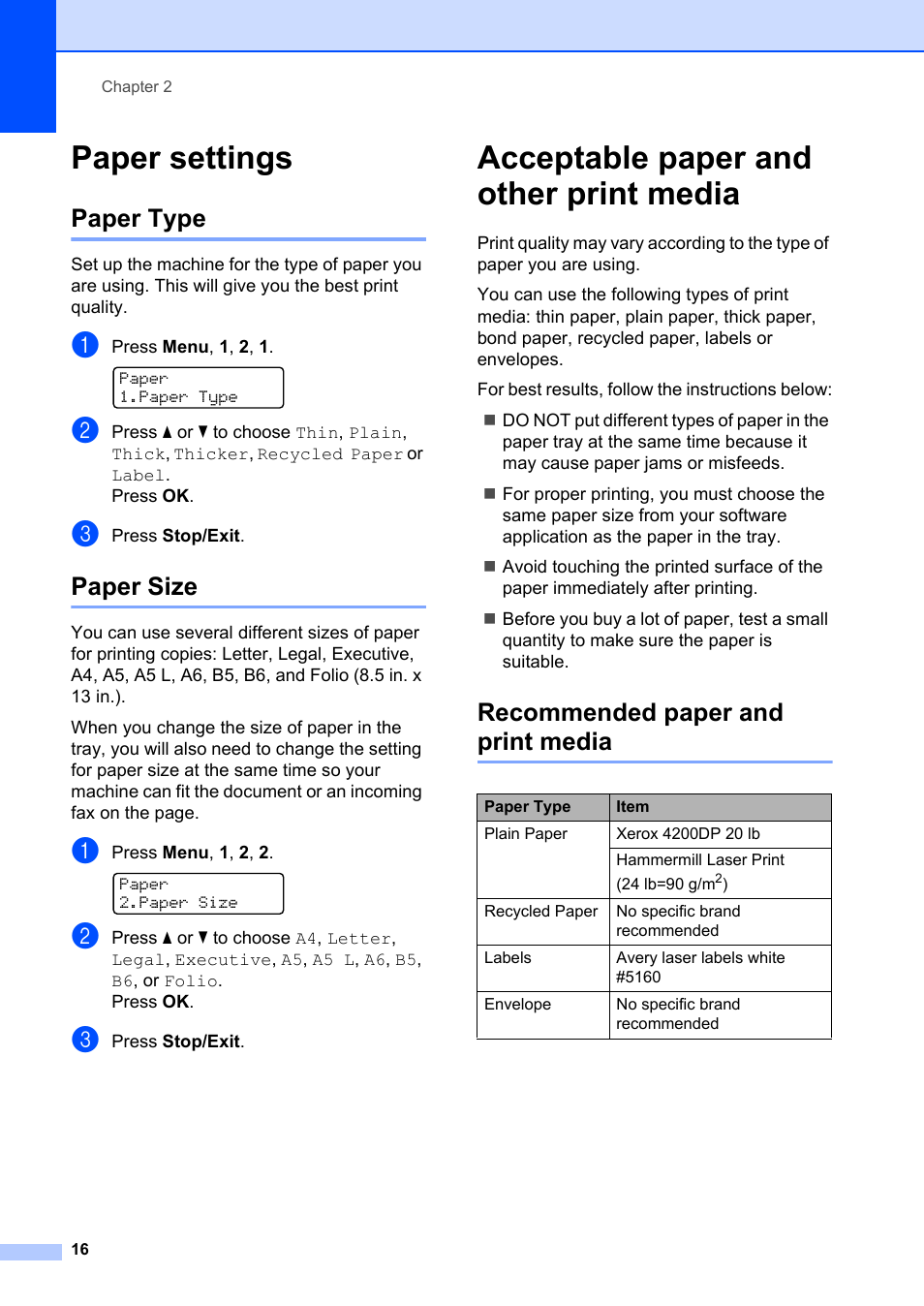 Paper settings, Paper type, Paper size | Acceptable paper and other print media, Recommended paper and print media, Paper type paper size | Brother FAX-2840 User Manual | Page 28 / 140