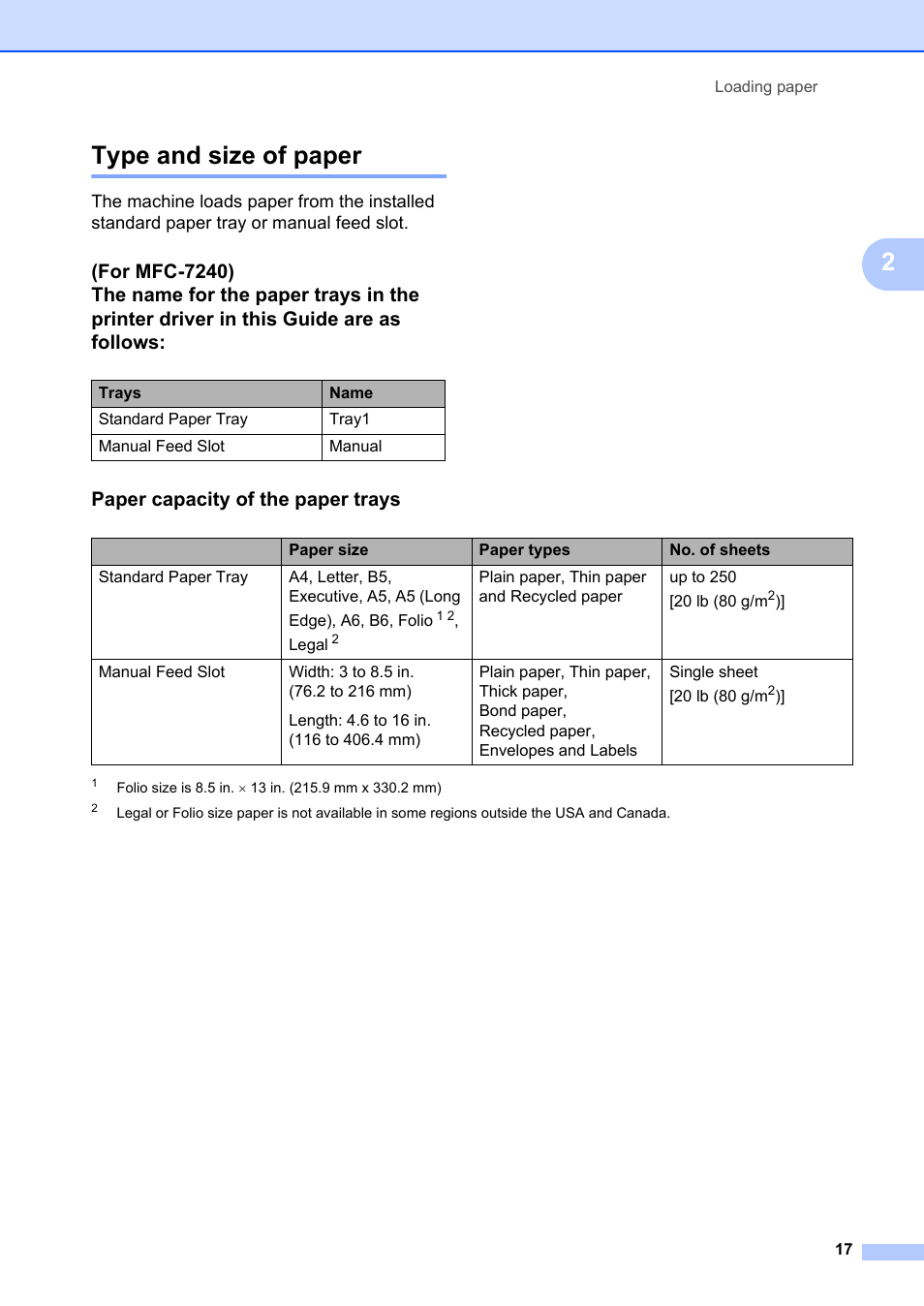 Type and size of paper, Paper capacity of the paper trays, 2type and size of paper | Brother FAX-2840 User Manual | Page 29 / 140