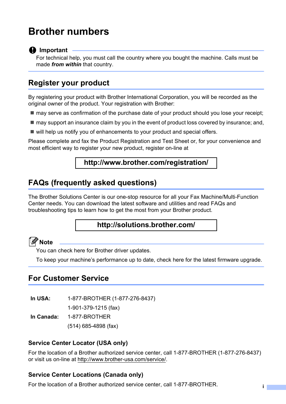 Brother numbers, Register your product, Faqs (frequently asked questions) | For customer service | Brother FAX-2840 User Manual | Page 3 / 140