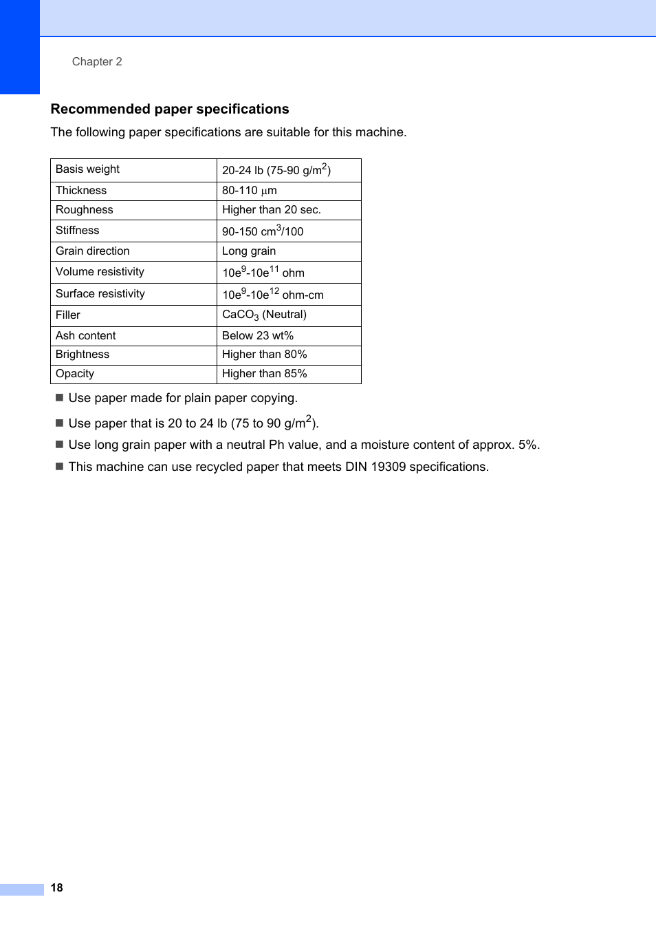Recommended paper specifications | Brother FAX-2840 User Manual | Page 30 / 140