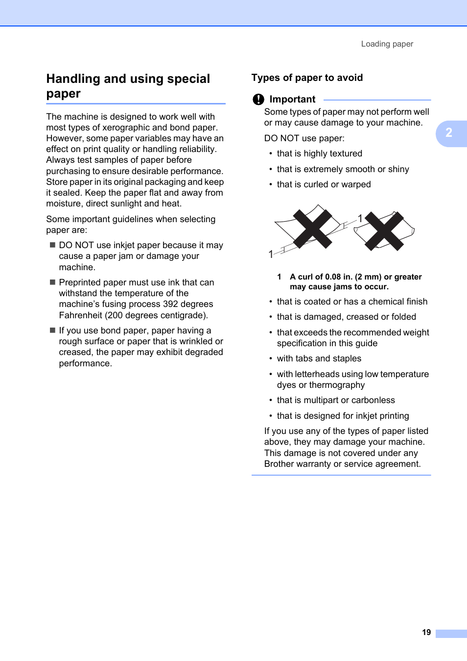 Handling and using special paper, Types of paper to avoid, 2handling and using special paper | Brother FAX-2840 User Manual | Page 31 / 140