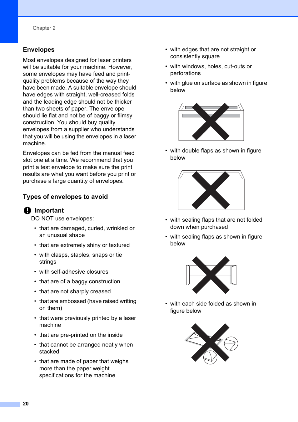 Envelopes, Types of envelopes to avoid, Important | Brother FAX-2840 User Manual | Page 32 / 140