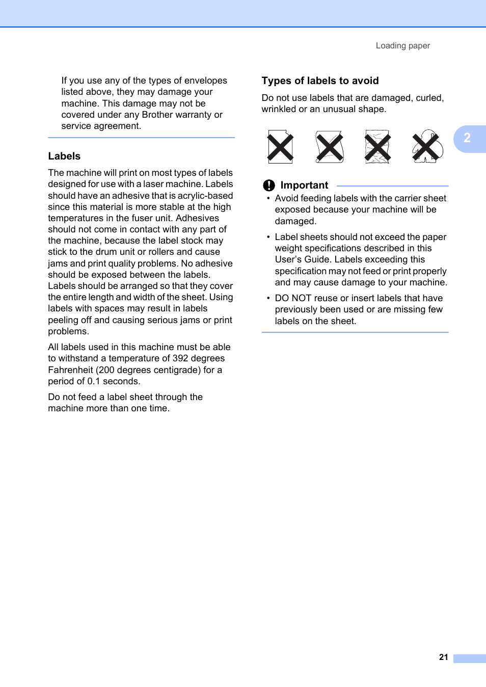 Labels, Types of labels to avoid, Important | Brother FAX-2840 User Manual | Page 33 / 140