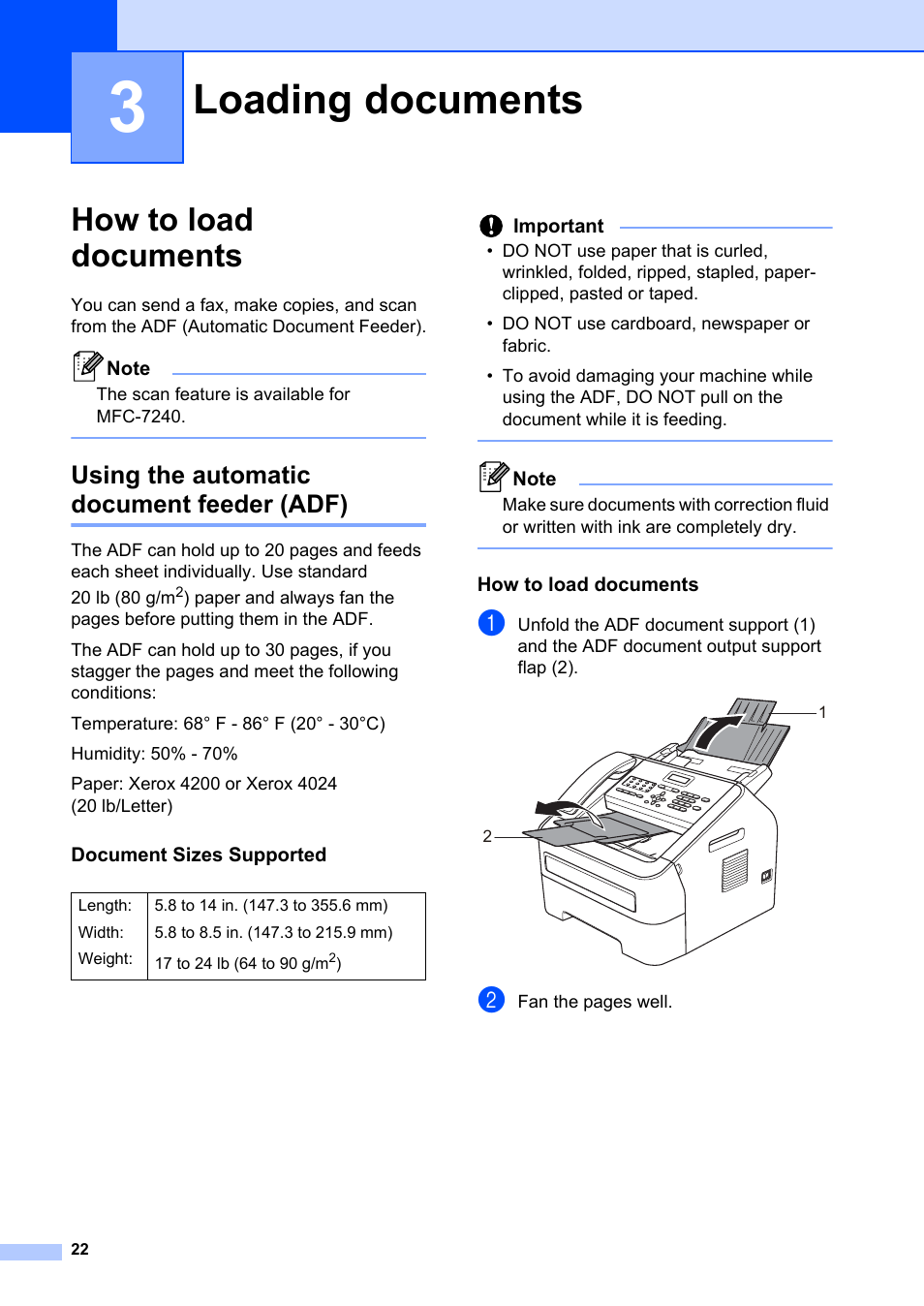 3 loading documents, How to load documents, Using the automatic document feeder (adf) | Document sizes supported, Loading documents | Brother FAX-2840 User Manual | Page 34 / 140