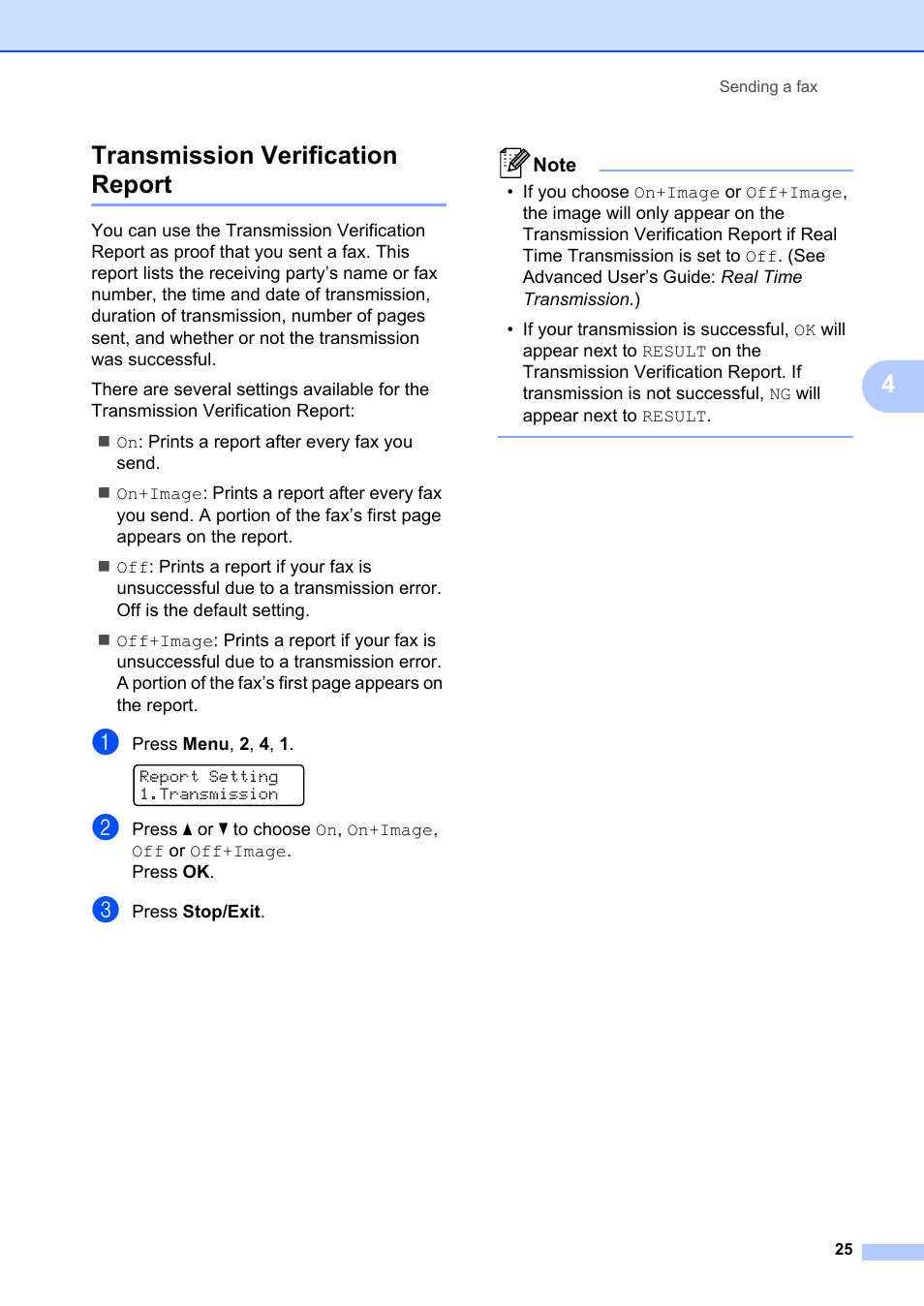 Transmission verification report, 4transmission verification report | Brother FAX-2840 User Manual | Page 37 / 140