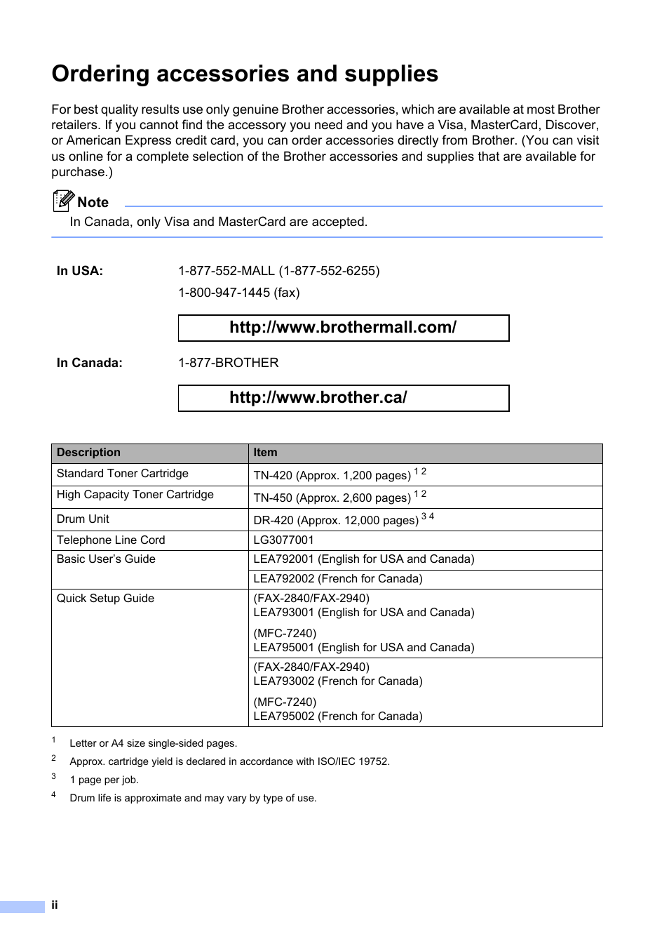 Ordering accessories and supplies | Brother FAX-2840 User Manual | Page 4 / 140