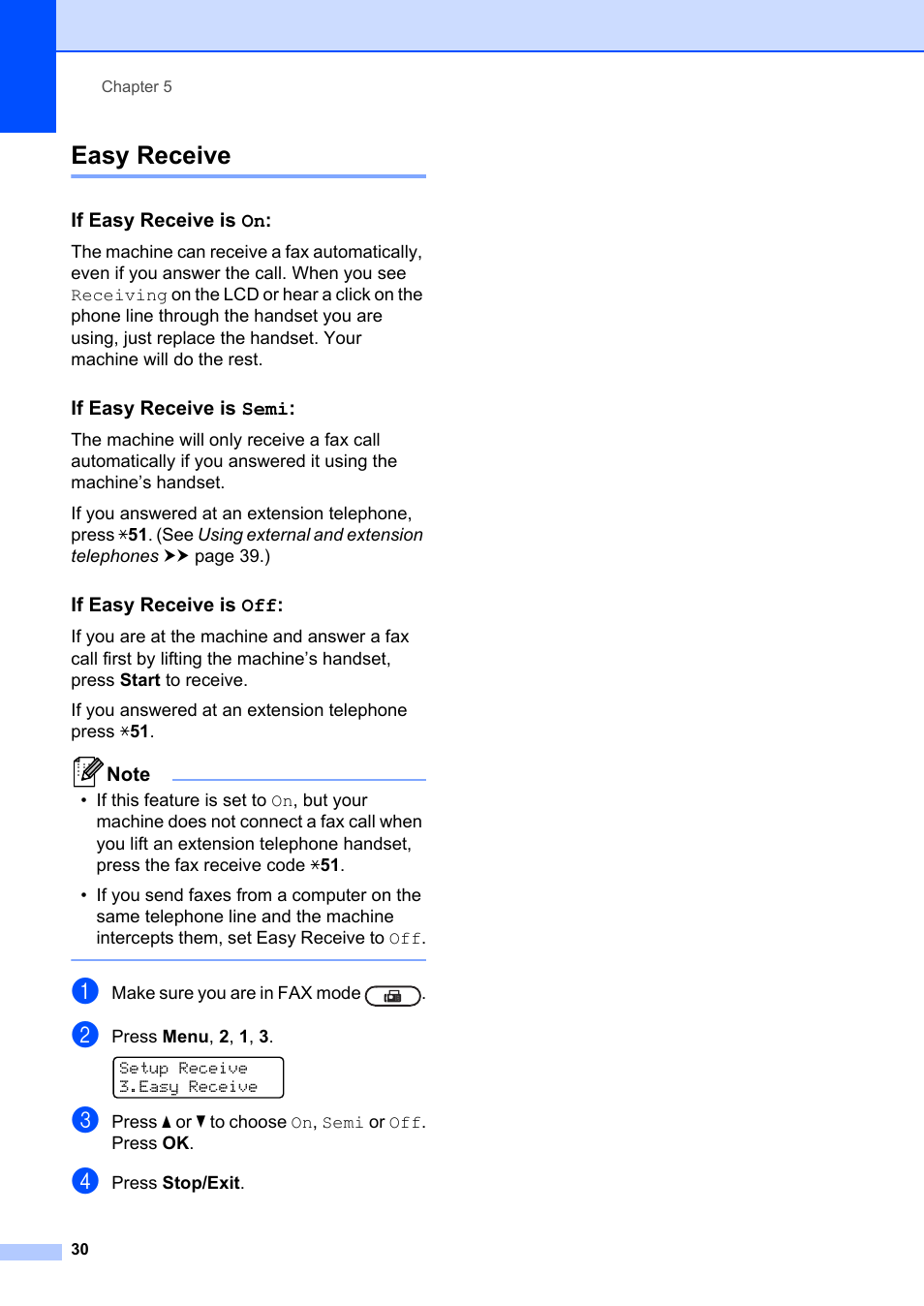 Easy receive, If easy receive is on, If easy receive is semi | If easy receive is off, Easy receive uu | Brother FAX-2840 User Manual | Page 42 / 140