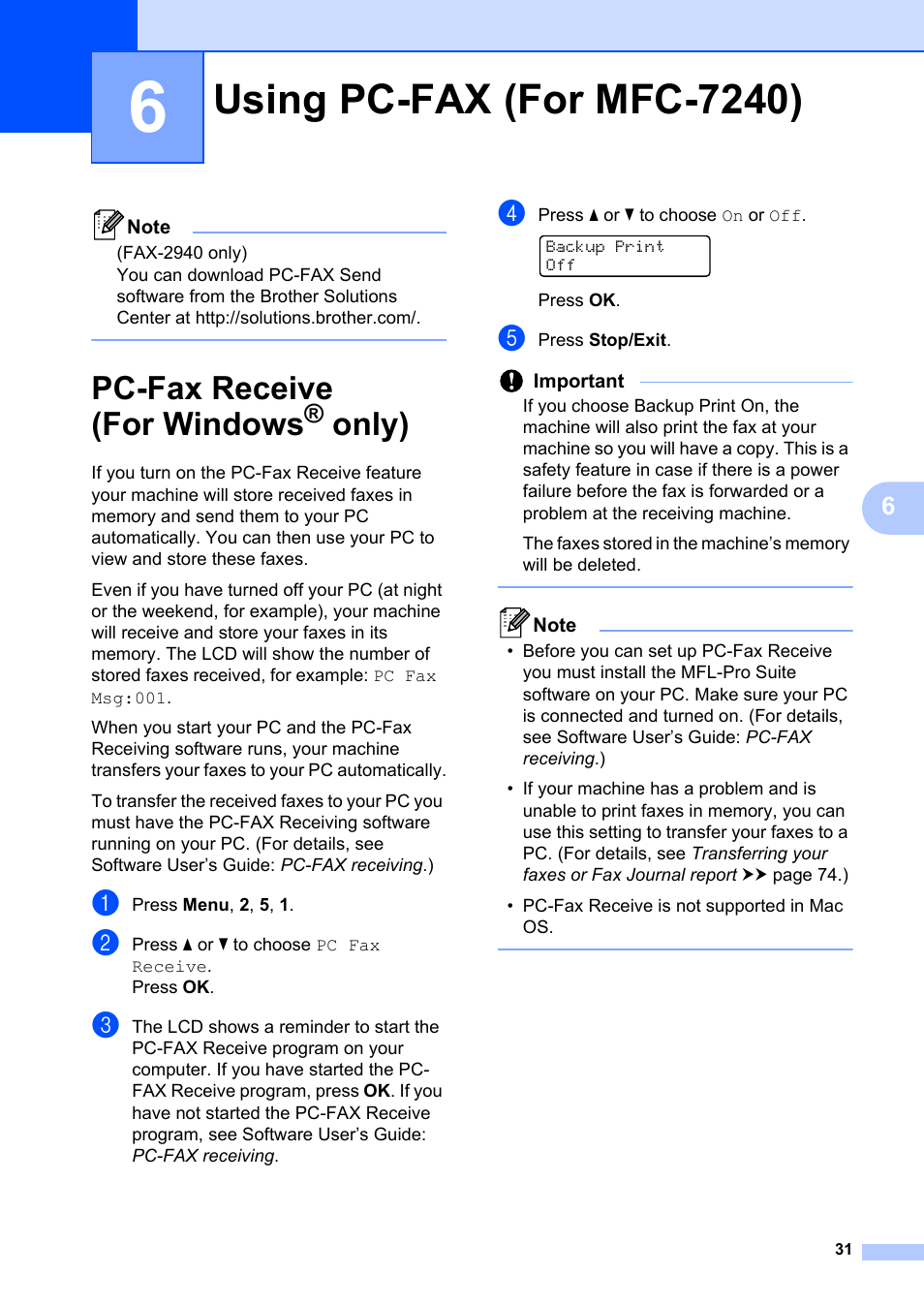 6 using pc-fax (for mfc-7240), Pc-fax receive (for windows® only), Using pc-fax (for mfc-7240) | Pc-fax receive (for windows, Only) | Brother FAX-2840 User Manual | Page 43 / 140