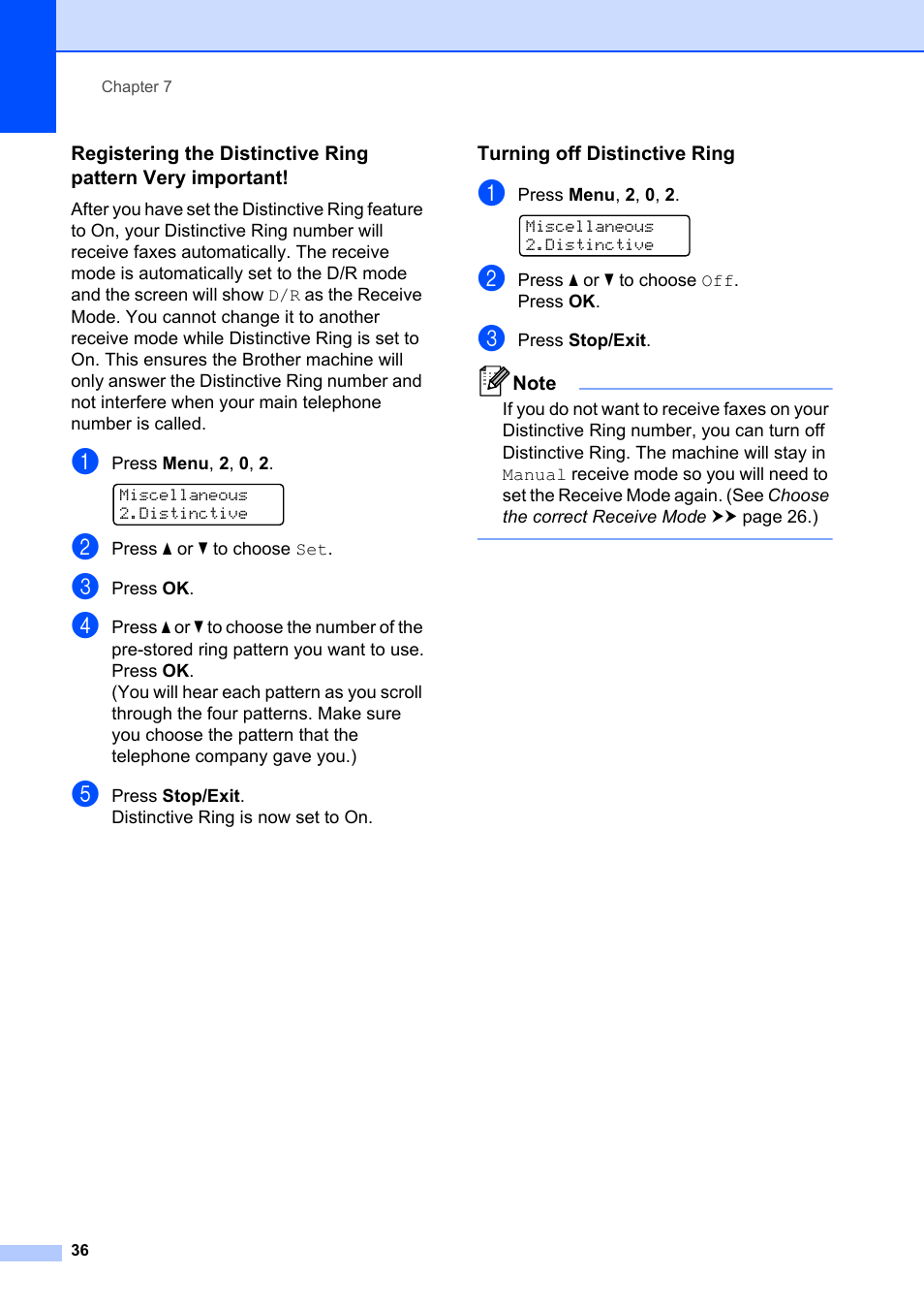 Turning off distinctive ring | Brother FAX-2840 User Manual | Page 48 / 140