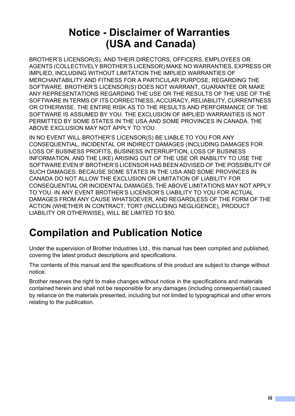 Compilation and publication notice, Notice - disclaimer of warranties (usa and canada) | Brother FAX-2840 User Manual | Page 5 / 140