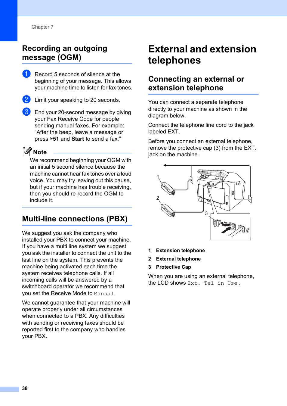 Recording an outgoing message (ogm), Multi-line connections (pbx), External and extension telephones | Connecting an external or extension telephone | Brother FAX-2840 User Manual | Page 50 / 140