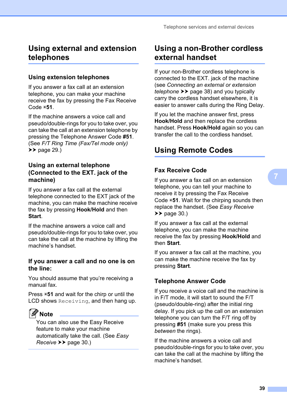 Using external and extension telephones, Using extension telephones, If you answer a call and no one is on the line | Using a non-brother cordless external handset, Using remote codes, Fax receive code, Telephone answer code, D using external and, 7using external and extension telephones | Brother FAX-2840 User Manual | Page 51 / 140