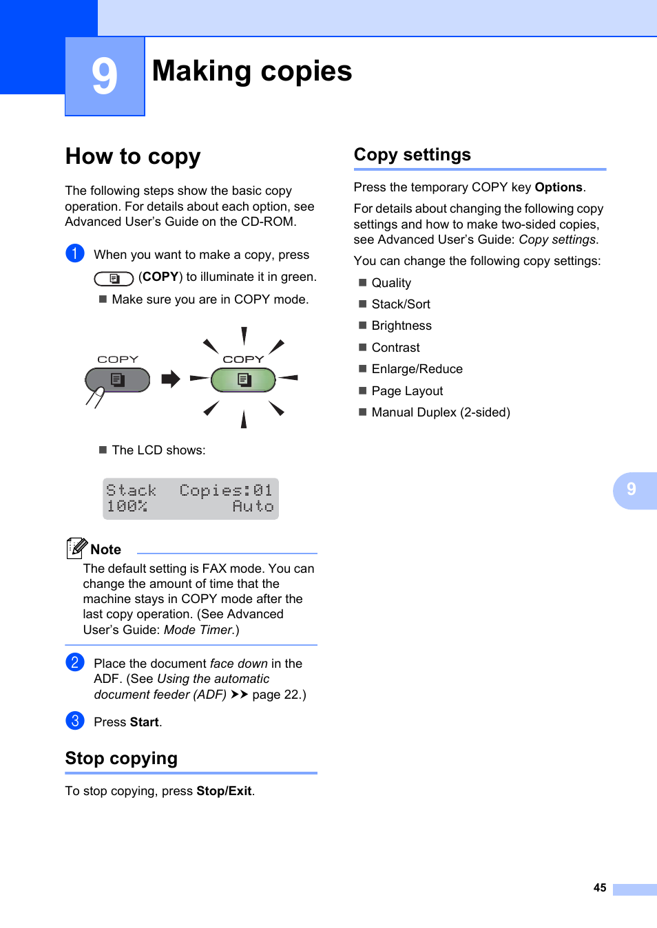 9 making copies, How to copy, Stop copying | Copy settings, Making copies, Stop copying copy settings | Brother FAX-2840 User Manual | Page 57 / 140