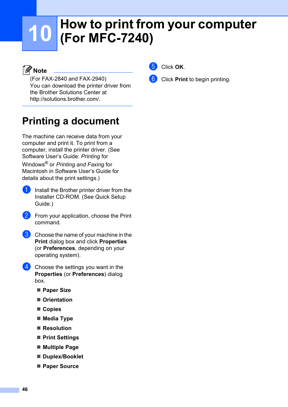 10 how to print from your computer (for mfc-7240), Printing a document, How to print from your computer (for mfc-7240) | Brother FAX-2840 User Manual | Page 58 / 140