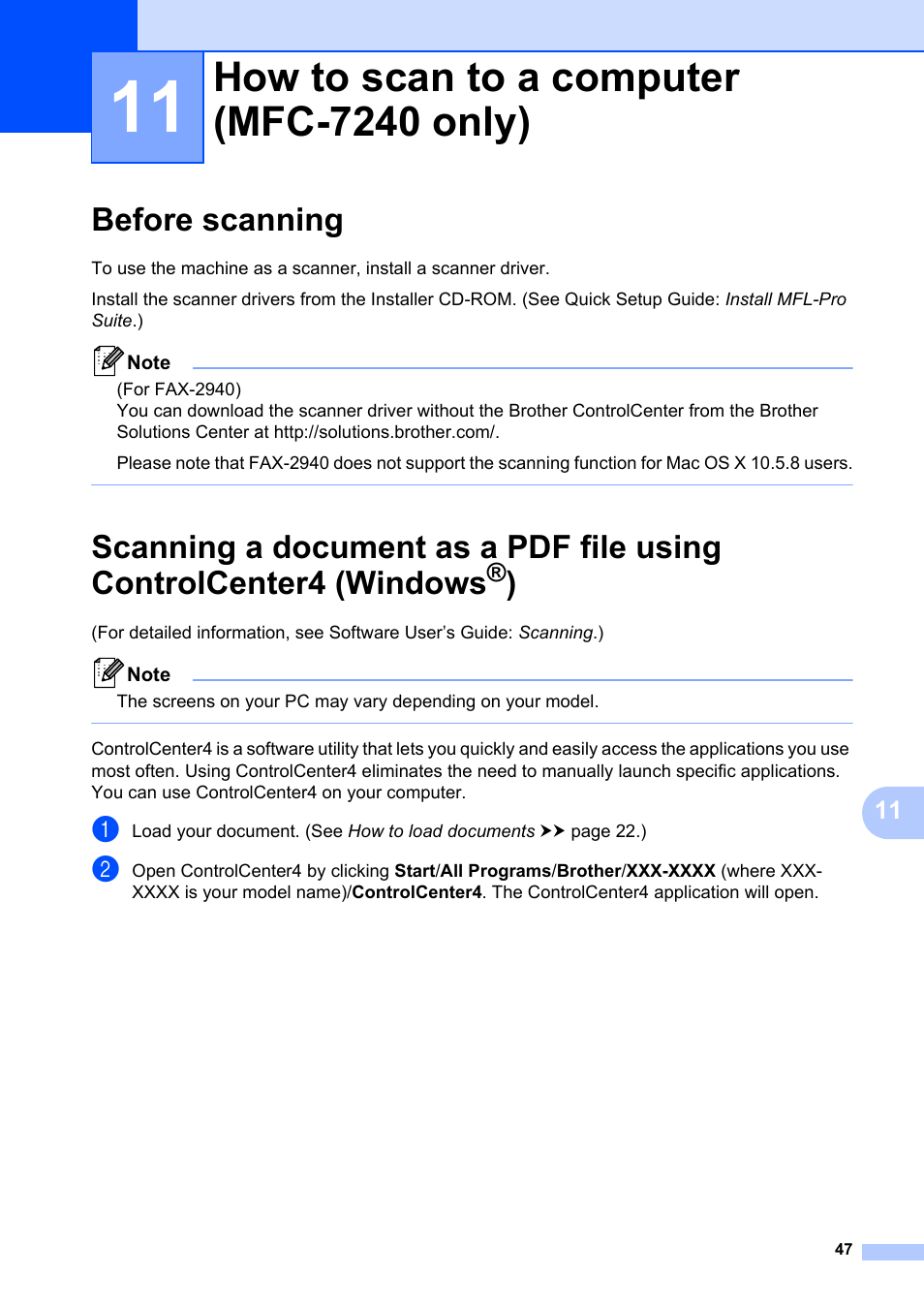 11 how to scan to a computer (mfc-7240 only), Before scanning, How to scan to a computer (mfc-7240 only) | Brother FAX-2840 User Manual | Page 59 / 140