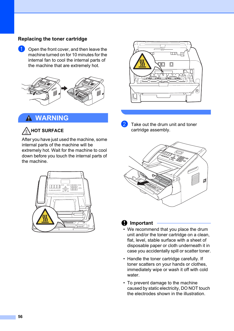 Replacing the toner cartridge, Warning, Important | Brother FAX-2840 User Manual | Page 68 / 140